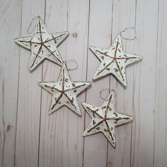 Set 4 Metal White Star Home Decor Shabby Chic Rustic Country Hanging Ornaments - Picture 3 of 5